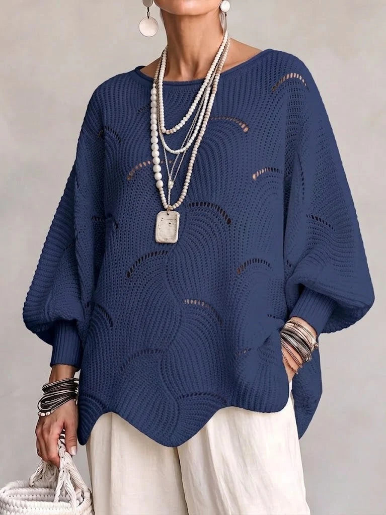 Hollow Wave Pattern Loose Lantern Sleeve Knit Top