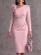 Solid Color Asymmetrical Neckline 3d Rose Long Sleeve Casual Loose Dress