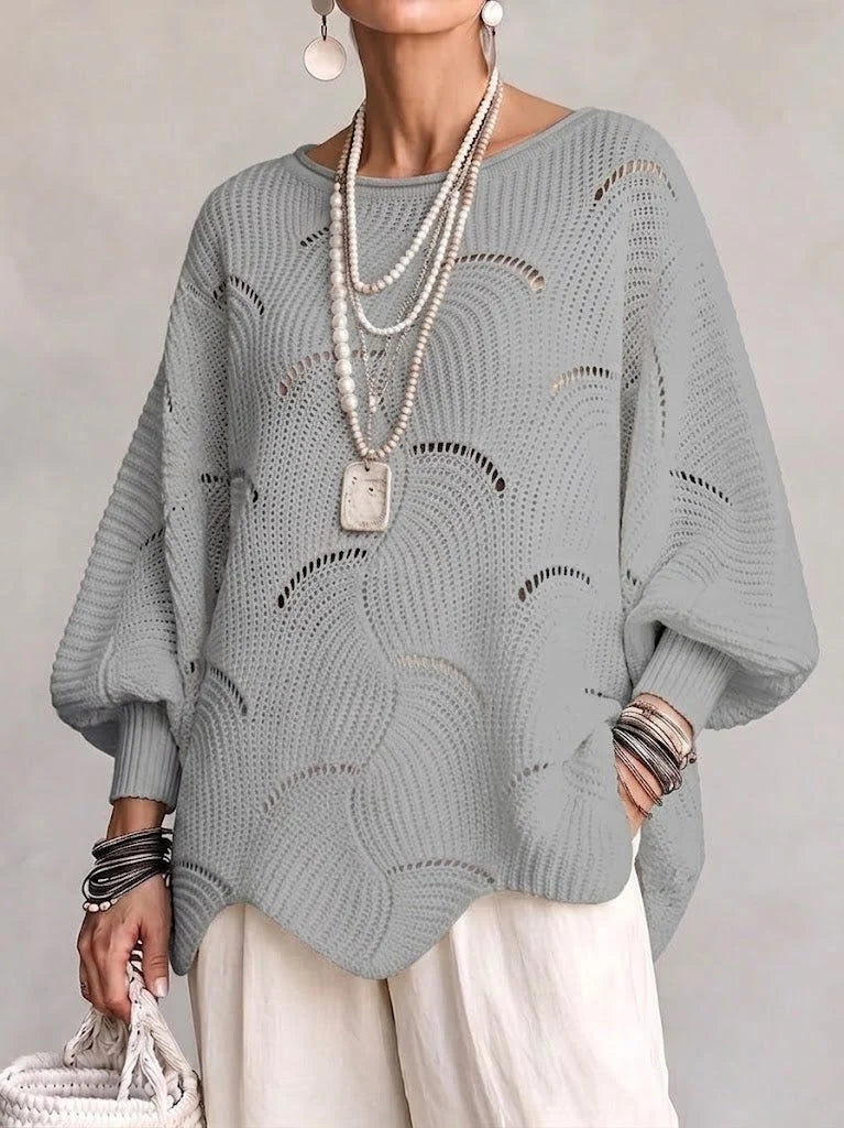 Hollow Wave Pattern Loose Lantern Sleeve Knit Top