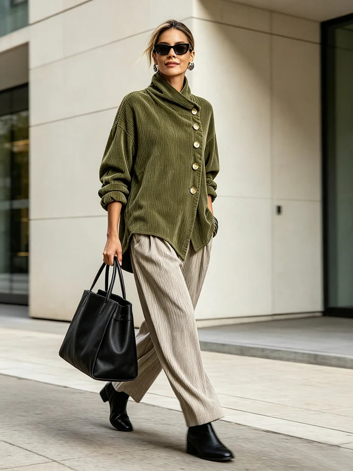 Asymmetric Button-Front Ribbed Knit Jacket