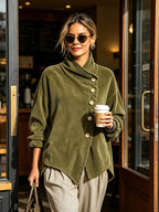 Asymmetric Button-Front Ribbed Knit Jacket