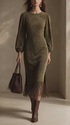 Vintage-Style Elegant Faux Suede Midi Dress With Fringe