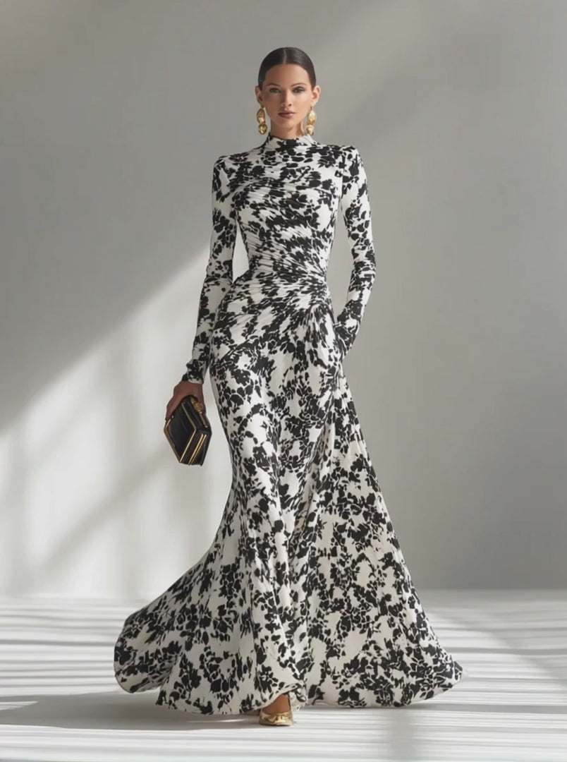 High-Neck Long Sleeve Floral Print Maxi Dress