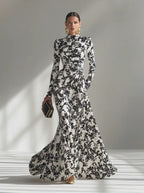High-Neck Long Sleeve Floral Print Maxi Dress