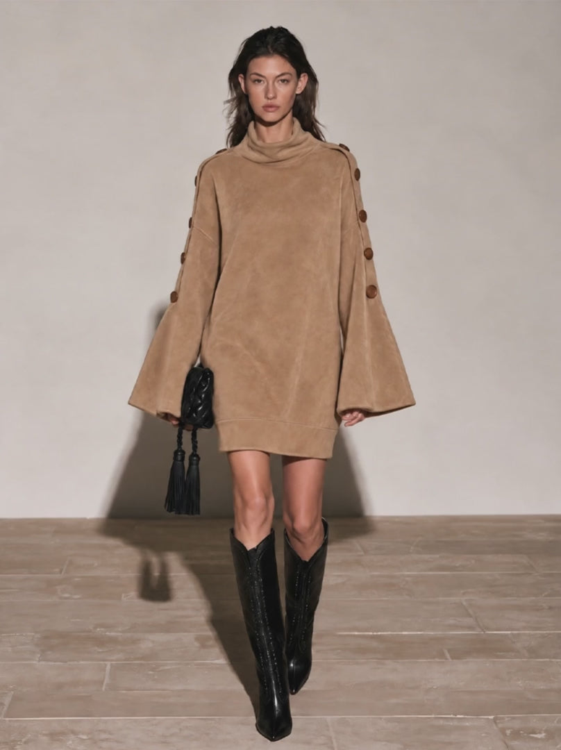 Camel Faux Suede Turtleneck Mini Dress