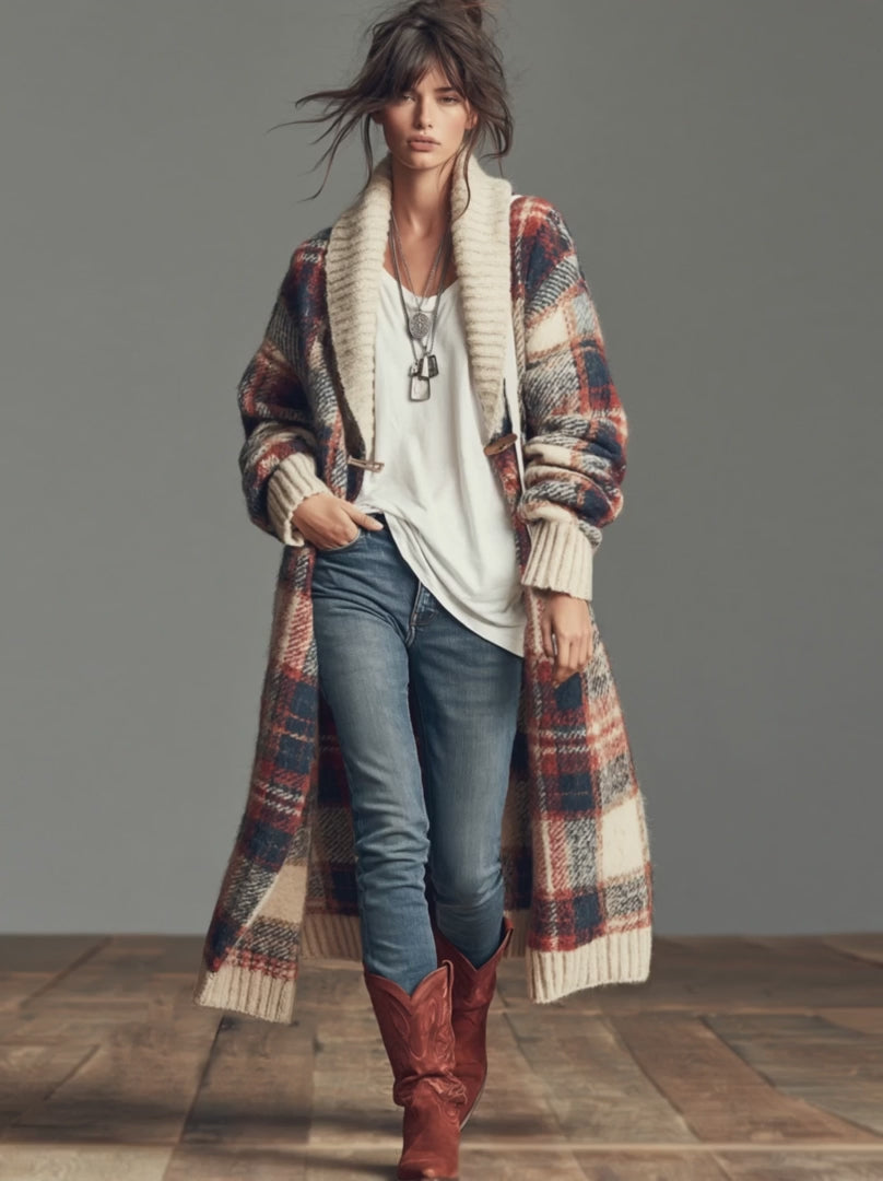 Vintage Plaid Jacquard Shawl-Collar Toggle Cardigan