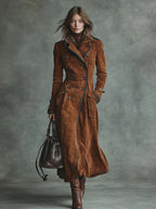 Suede Trim Double-breasted Lapel Long Coat