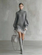 Knitted White Lace Turtleneck Comfortable Mini Dress