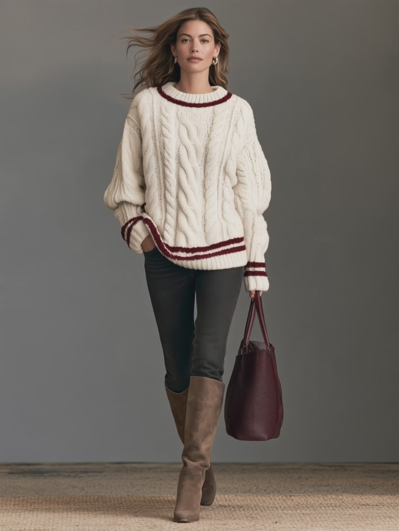 Casual Cable-Knit Long-Sleeve Crew-Neck Sweater