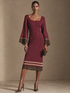 Contrast Lace Panel Elegant Knit Midi Dress