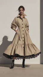Elegant A-Line Lace Hem Belted Trench Coat