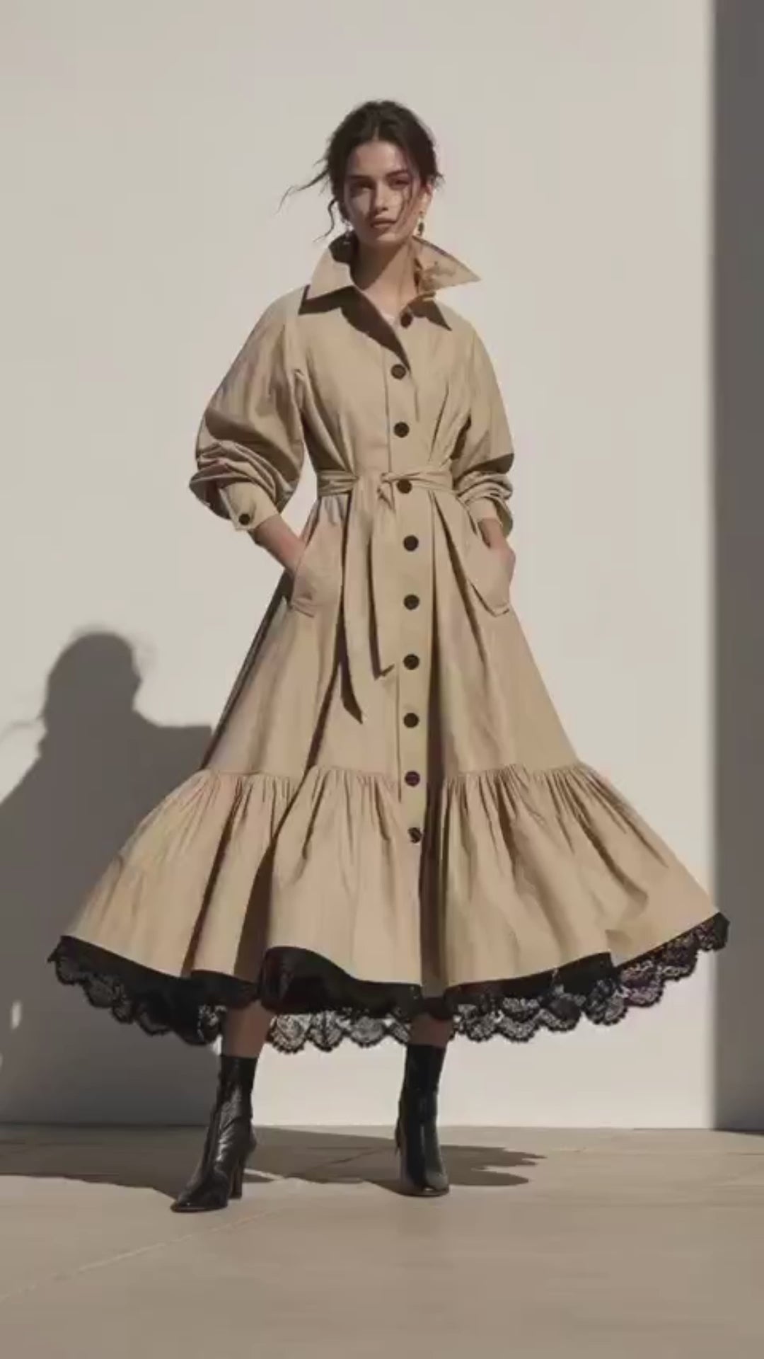 Elegant A-Line Lace Hem Belted Trench Coat
