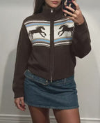 Horse Zip Up Mock Neck Cardigan
