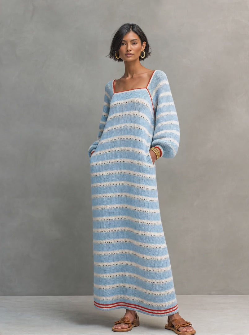 Minimalist Striped Square-Neck Long-Sleeve Maxi Sweater Dress