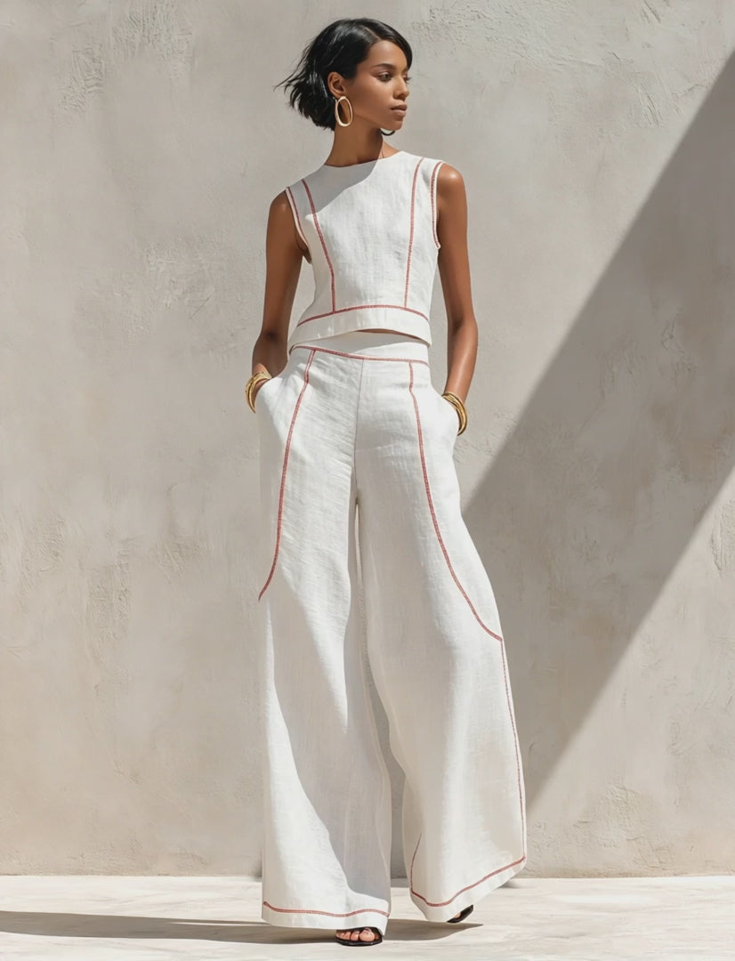 Contrast Trim Sleeveless Top & Wide-Leg Pants Set