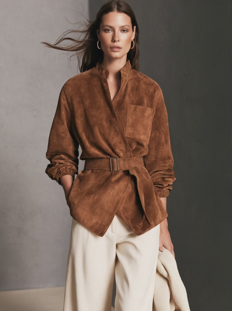 Chaqueta casual marrón de ante de manga larga