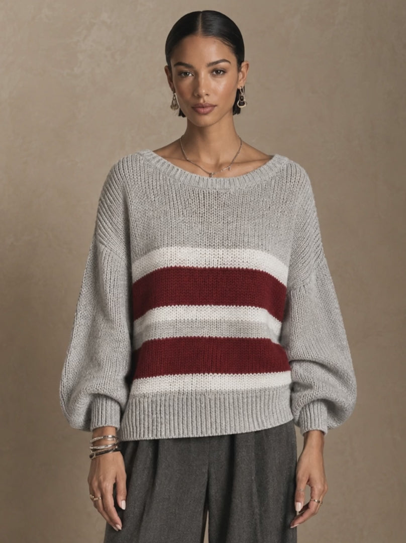 Contrast Stripe Casual Round Neck Pullover Sweater