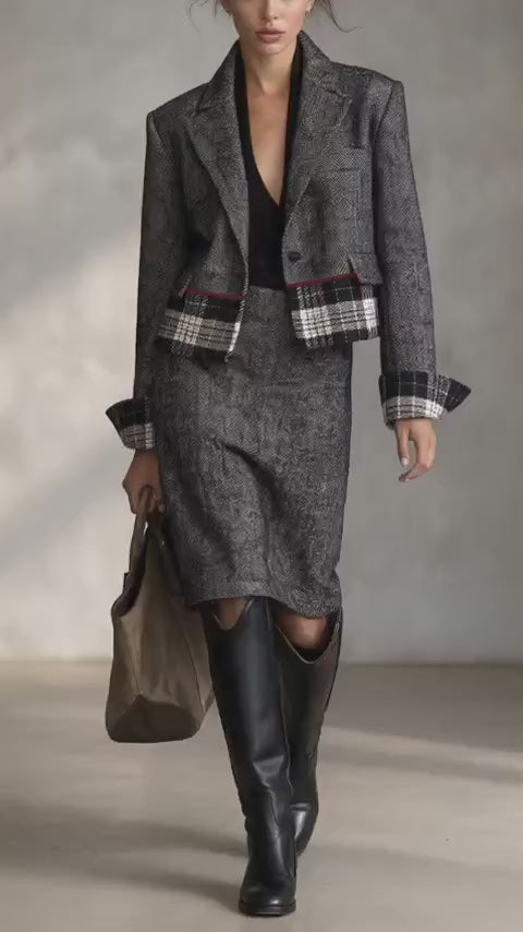 Herringbone Blazer & Plaid Pencil Skirt Set