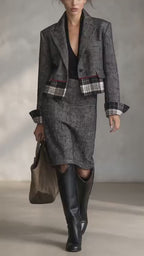 Herringbone Blazer & Plaid Pencil Skirt Set