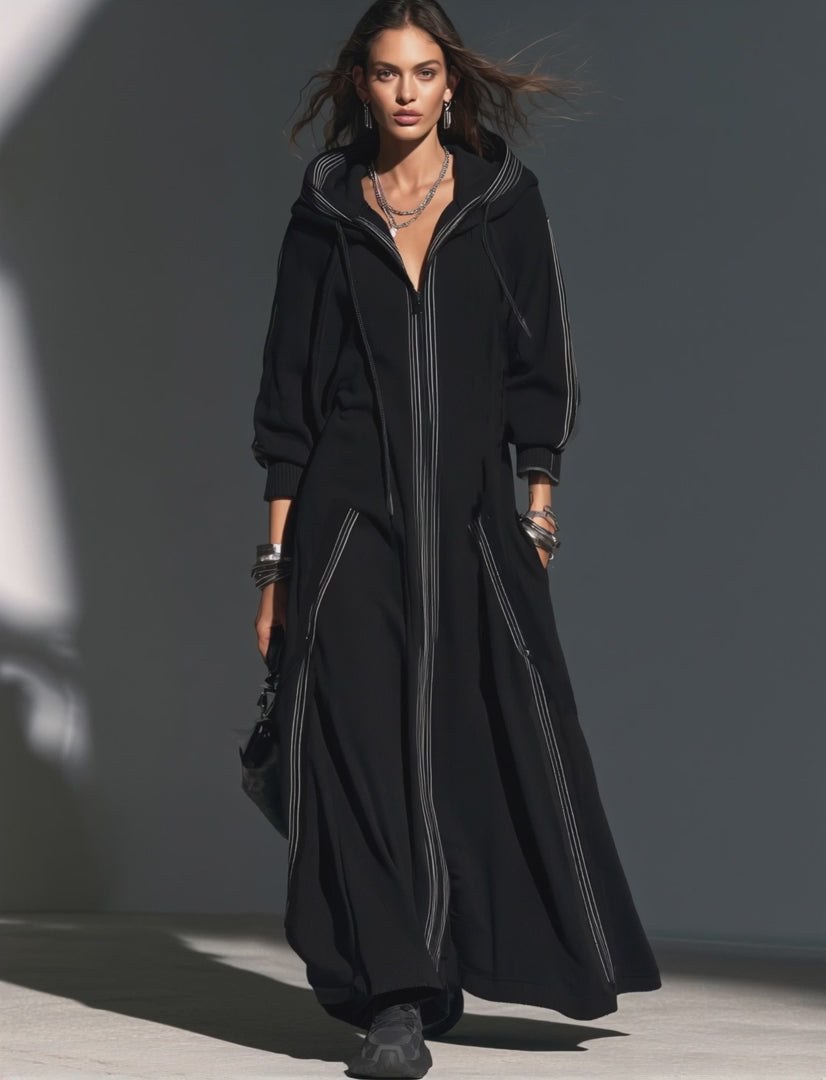 Black Long-Sleeve Hooded Long Coat In Sweatshirt Fabric
