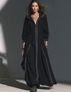 Black Long-Sleeve Hooded Long Coat In Sweatshirt Fabric