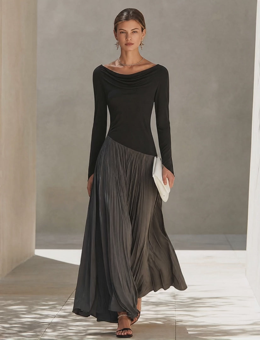 Minimalist Two-Tone Color-Block Maxi Dress With Drape Neckline