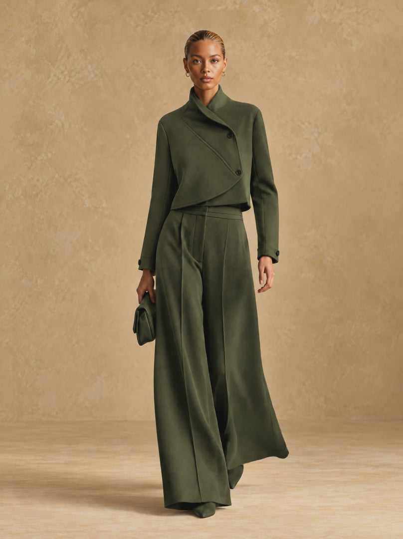 Asymmetric Cropped Jacket and Wide-Leg Trousers Set