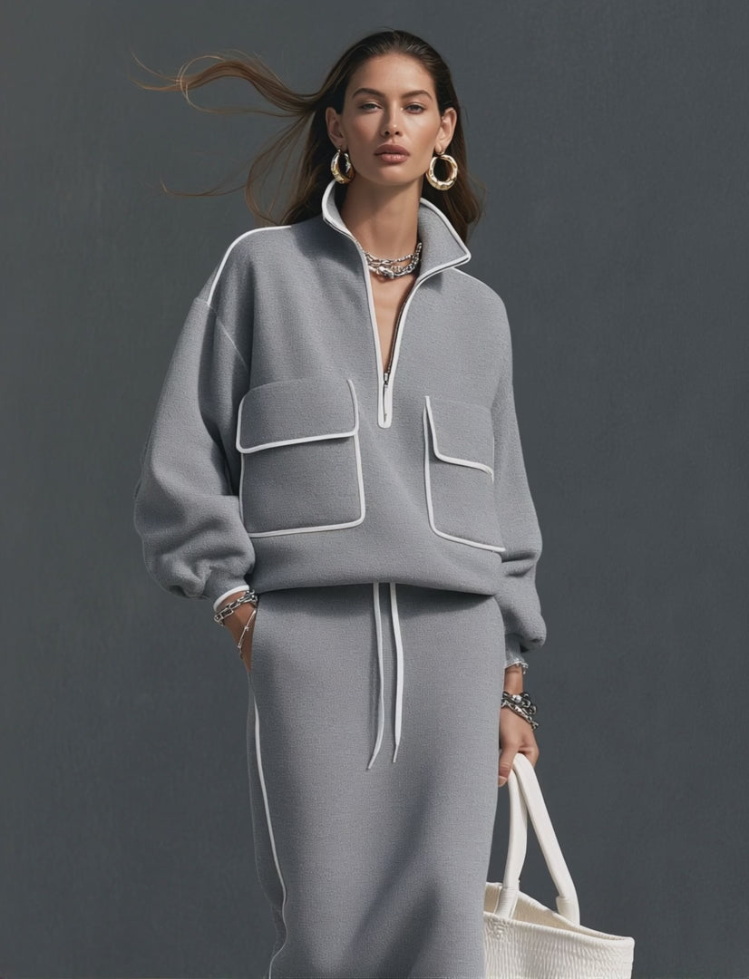 Casual Grey Scuba-Knit Long-Sleeve Top And Skirt Two-Piece Set