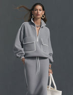 Casual Grey Scuba-Knit Long-Sleeve Top And Skirt Two-Piece Set