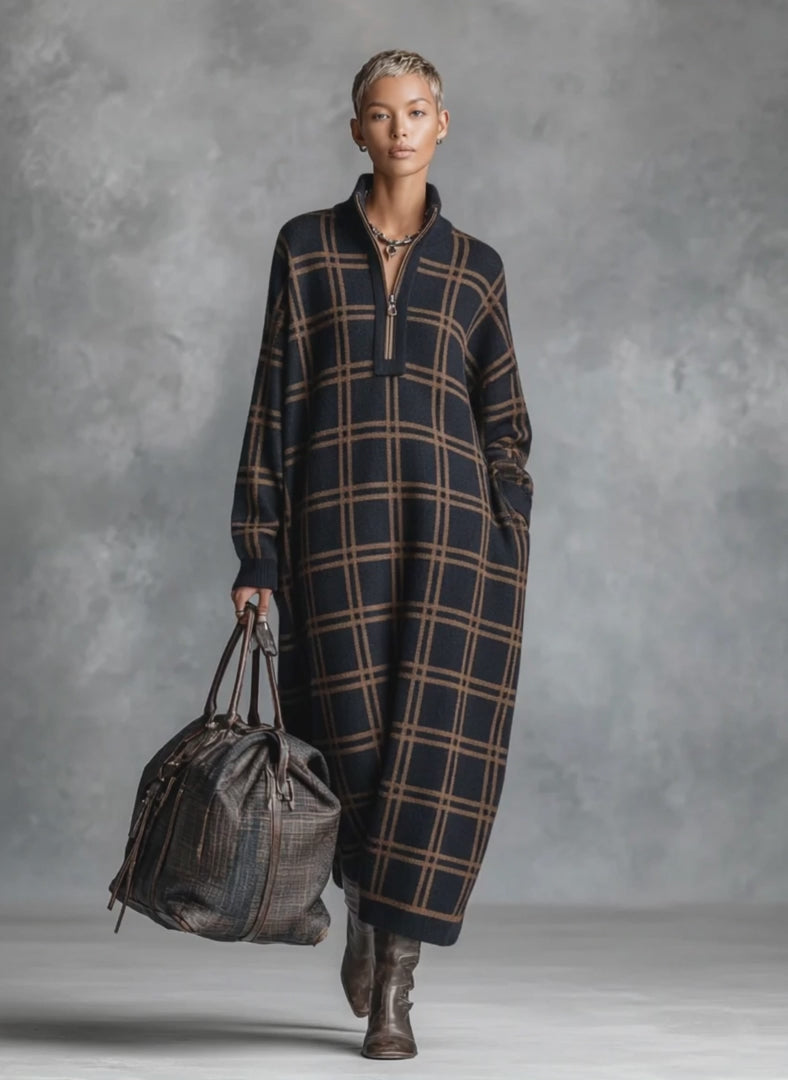 Loose Plaid Zipper Neck Knitted Maxi Dress