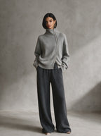 Diagonal‑Zip Funnel Neck Knit Sweater