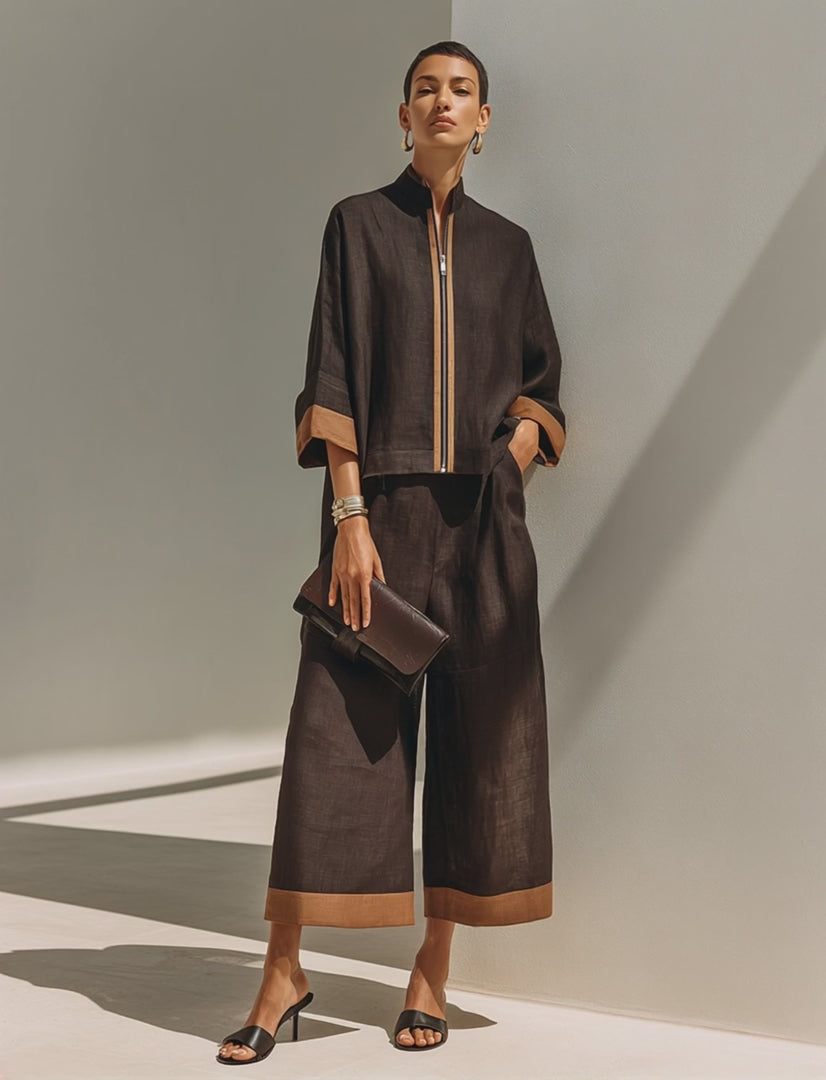 Contrast Trim Linen Set
