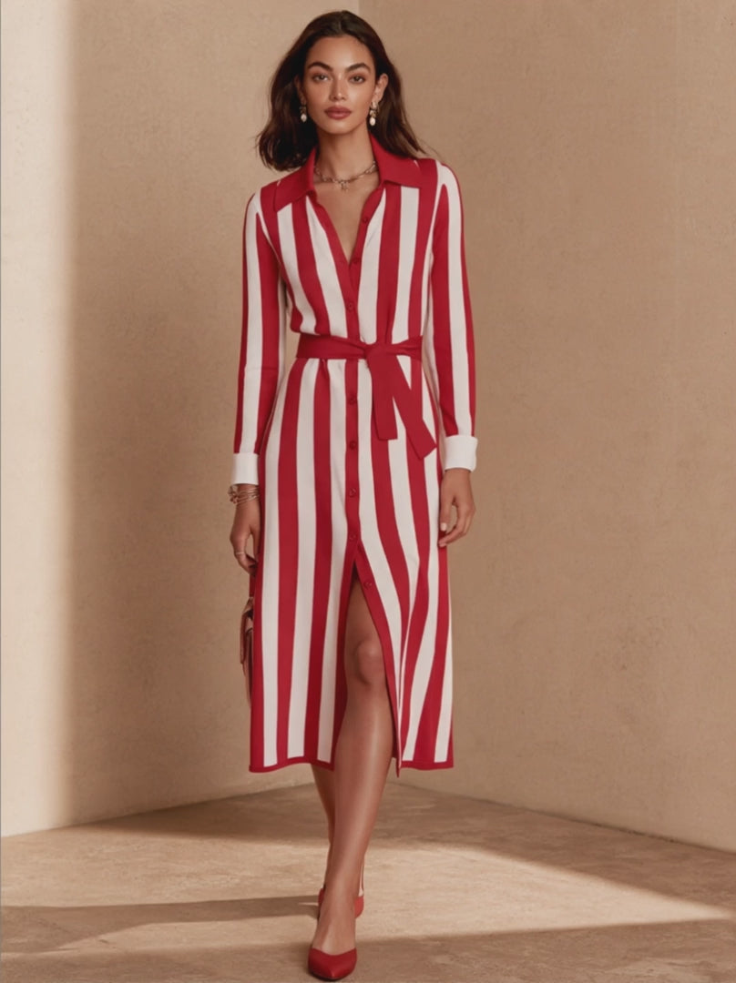 Striped Belted Casual Knit Midi Dress