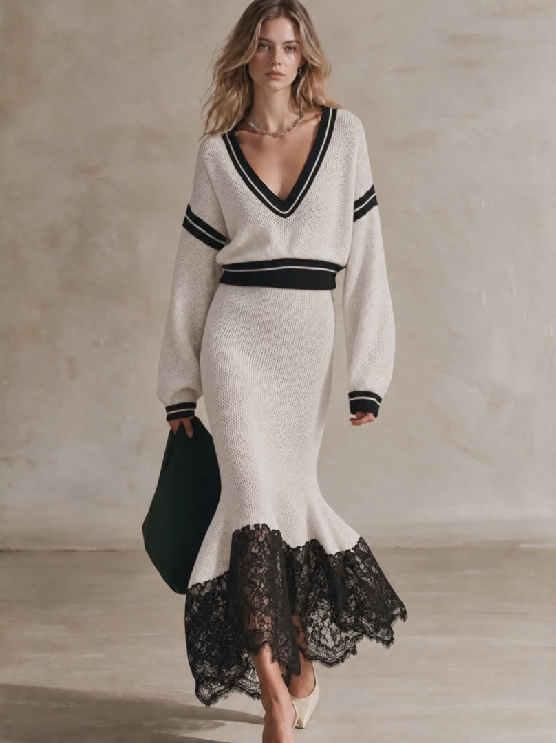Stripe Trim Knit Top & Lace‑Hem Mermaid Midi Skirt Two‑Piece Set