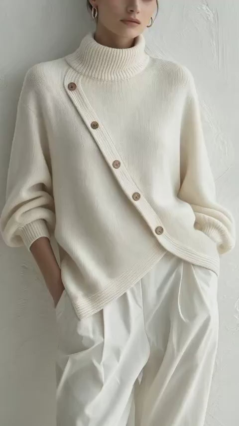 Turtleneck Knit Sweater With Diagonal Wooden Button Detail