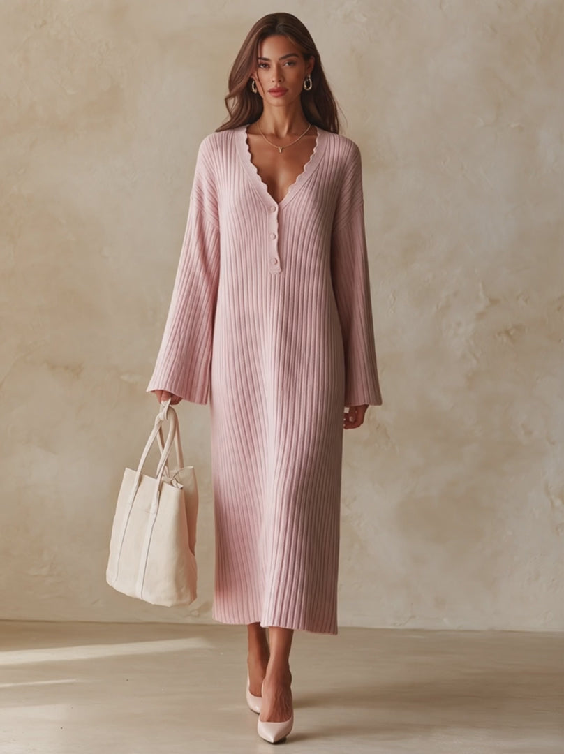 Ribbed Knit Long-Sleeve V-Neck Dress