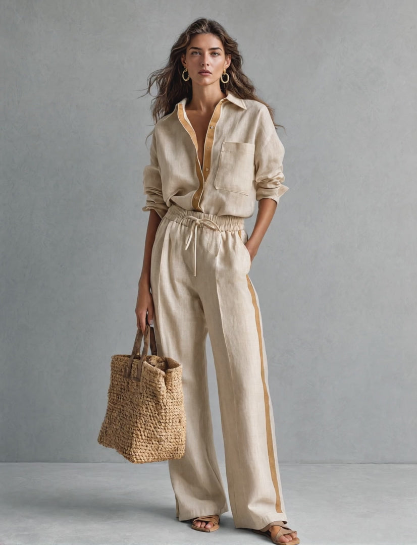 Khaki Cotton-Linen Shirt And Trousers Two-Piece Set