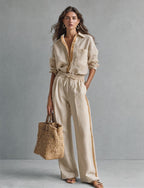 Khaki Cotton-Linen Shirt And Trousers Two-Piece Set