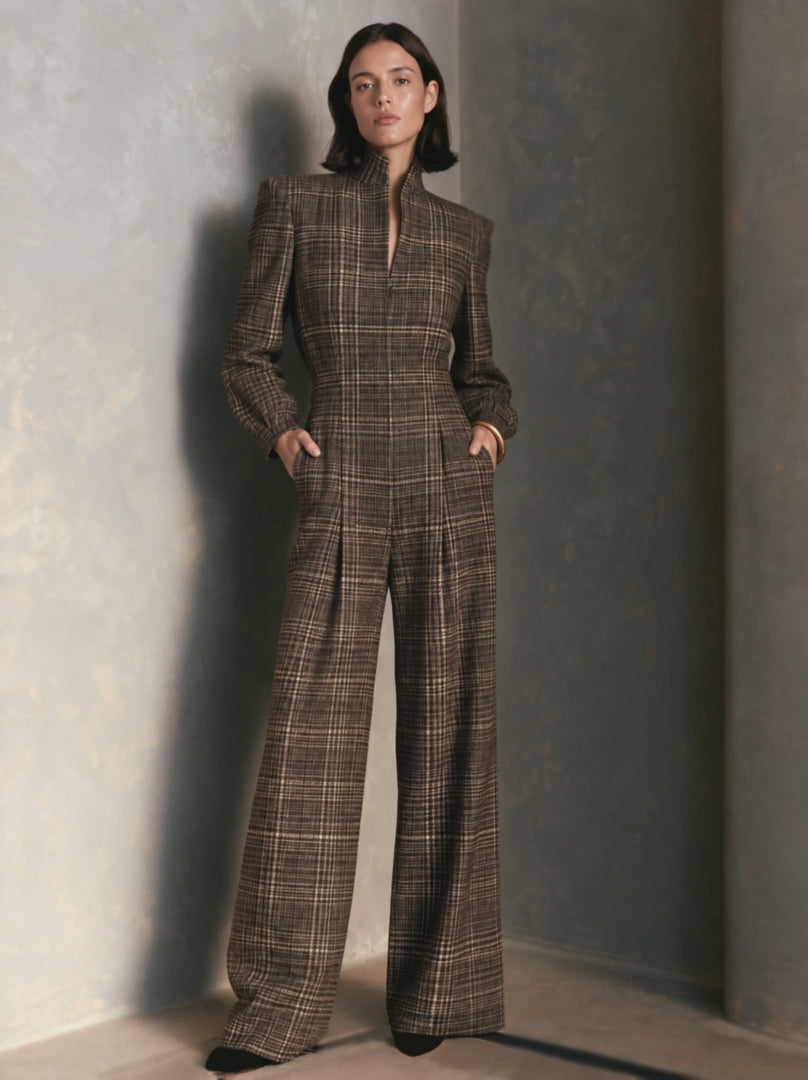 Vintage Plaid Woolen Stand Collar Wide Leg Jumpsuit