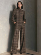 Vintage Plaid Woolen Stand Collar Wide Leg Jumpsuit