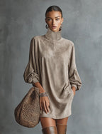 Loose-fitting Faux Suede High-neck Mini Dress