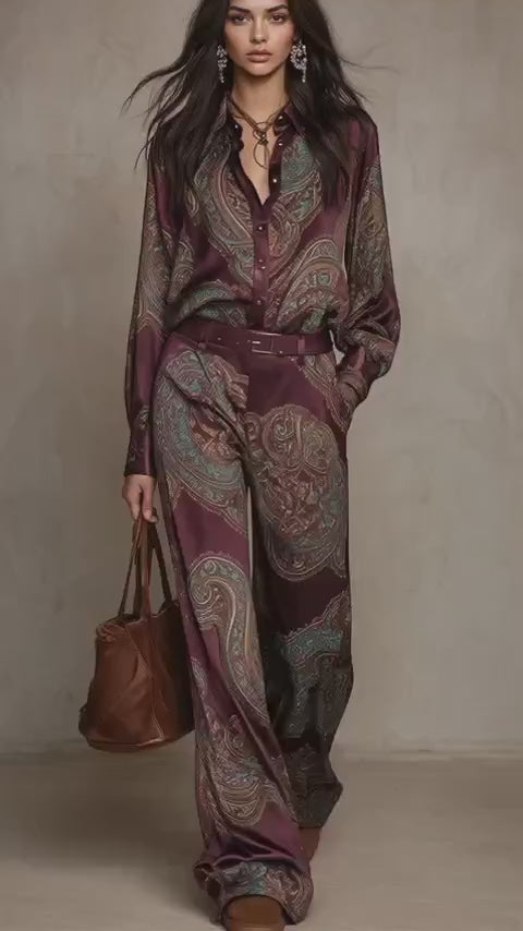 Vintage Paisley Satin Belted Ensemble