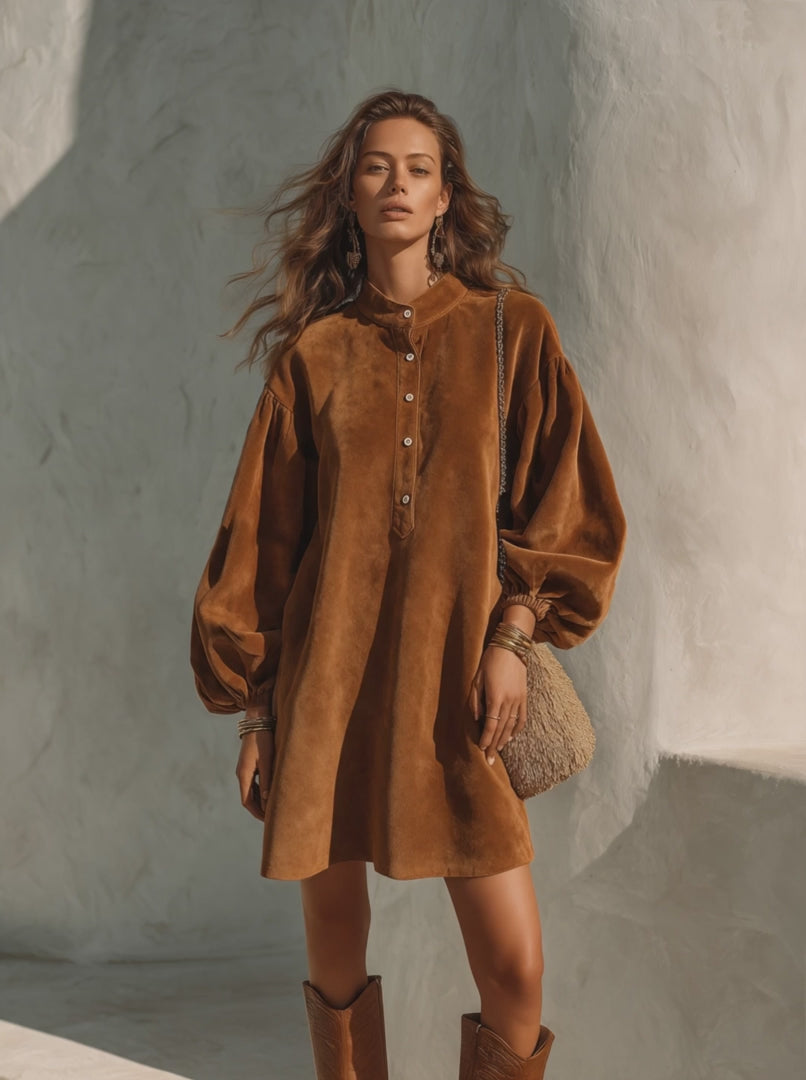 Vintage Velvet Lantern-Sleeve Button-Collar Mini Dress