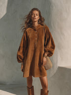 Vintage Velvet Lantern-Sleeve Button-Collar Mini Dress
