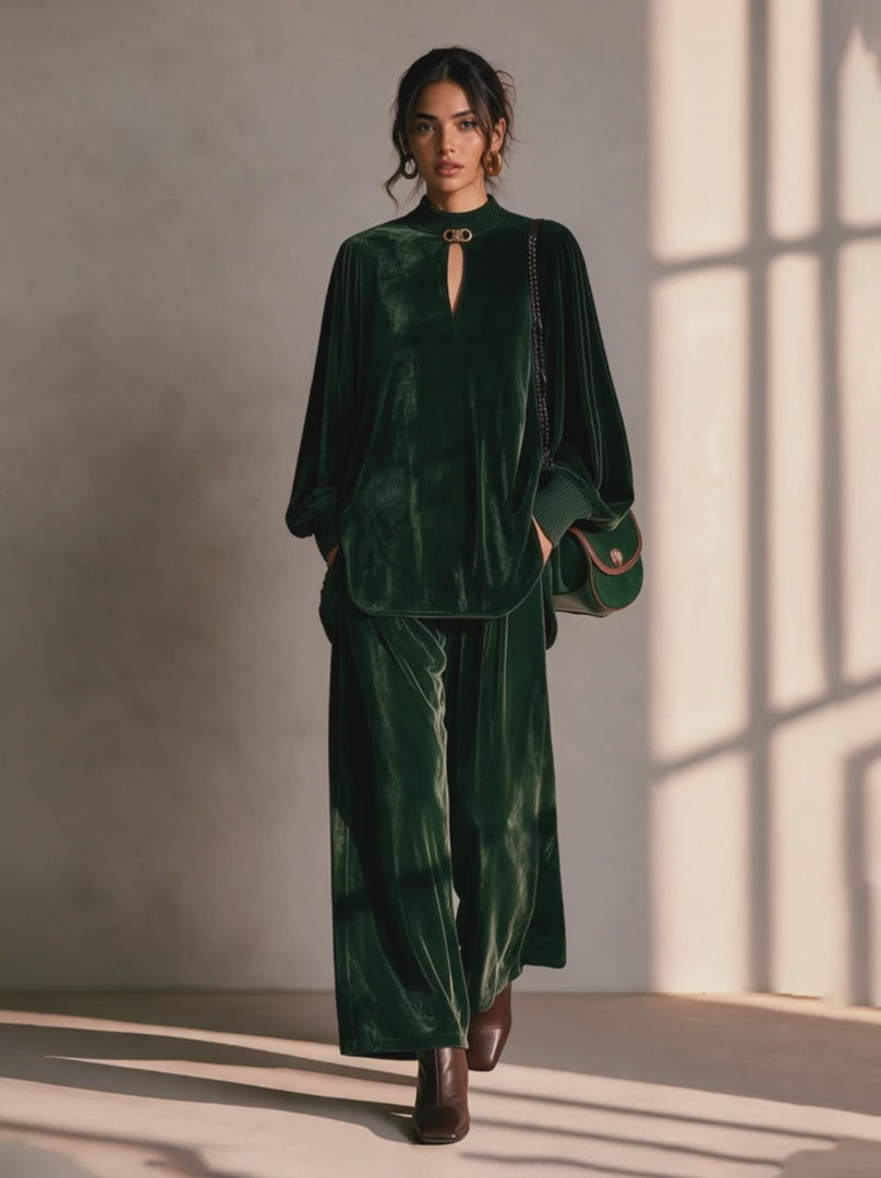 Round Neck Drop-Shoulder Blouson-Sleeve Top & Wide-Leg Trouser Velvet Set