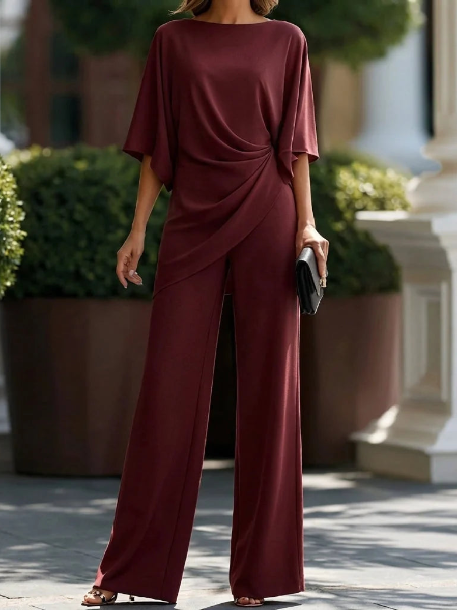 Draped Blouse and Wide Leg Pants Set