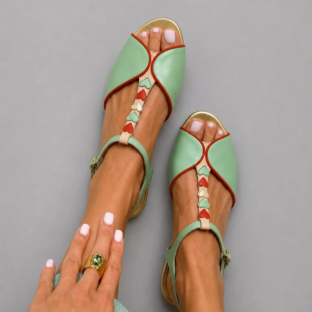 Pastel Flat Slingback Sandals with Open Toe and Heart Detail
