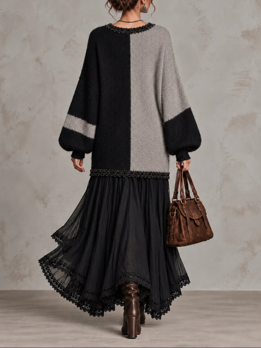 Elegant V-neck Knit And Lace Color-block Panel Maxi Dress